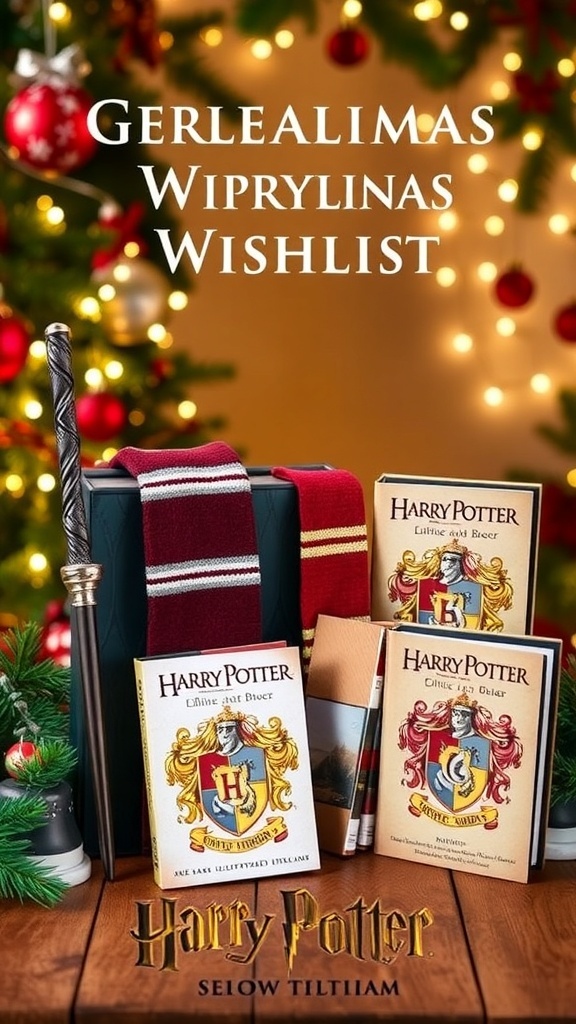 A festive display of Harry Potter themed gifts including a wand, scarf, and books on a holiday-themed table.